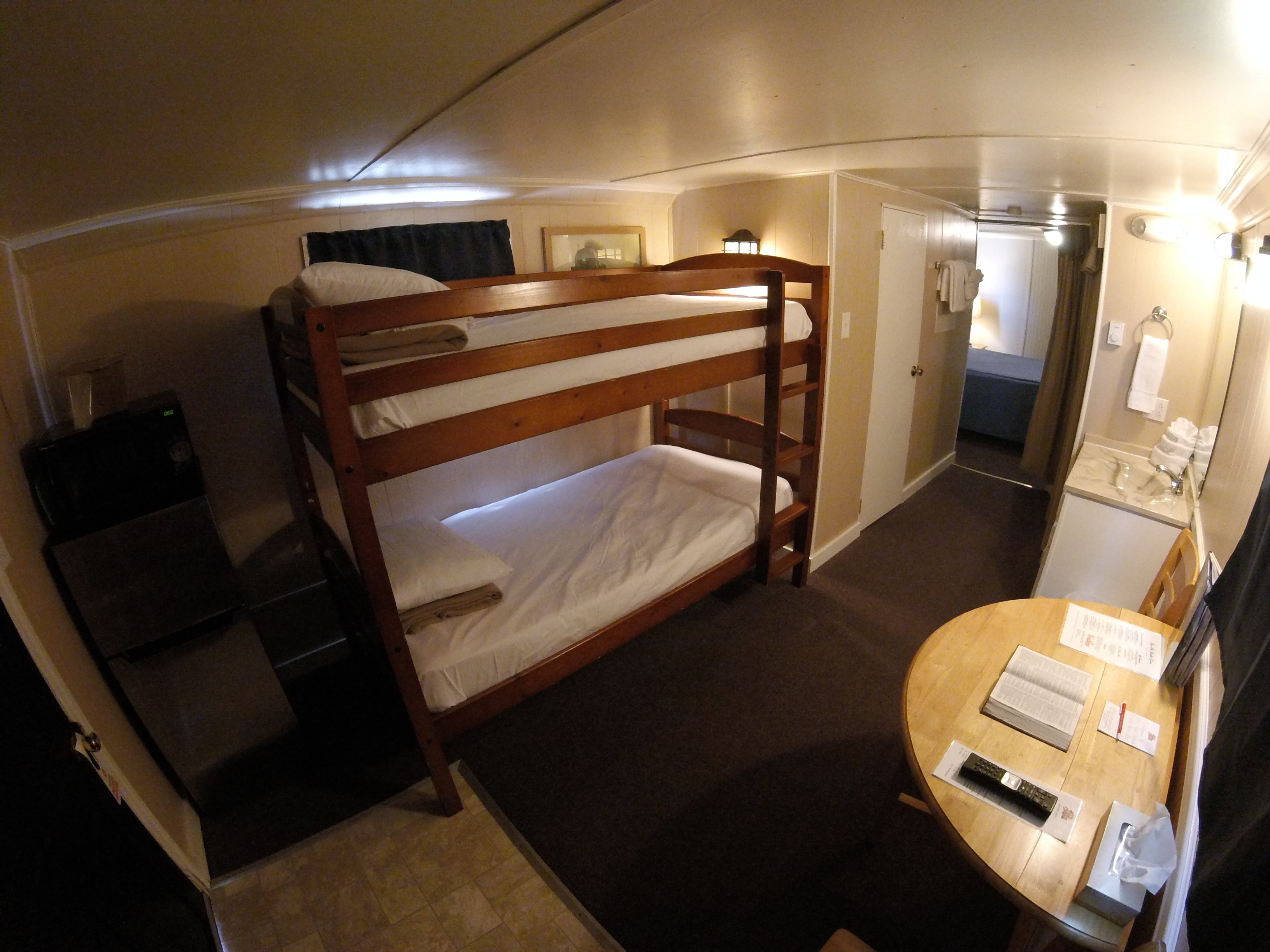 interior view of small family caboose motel room